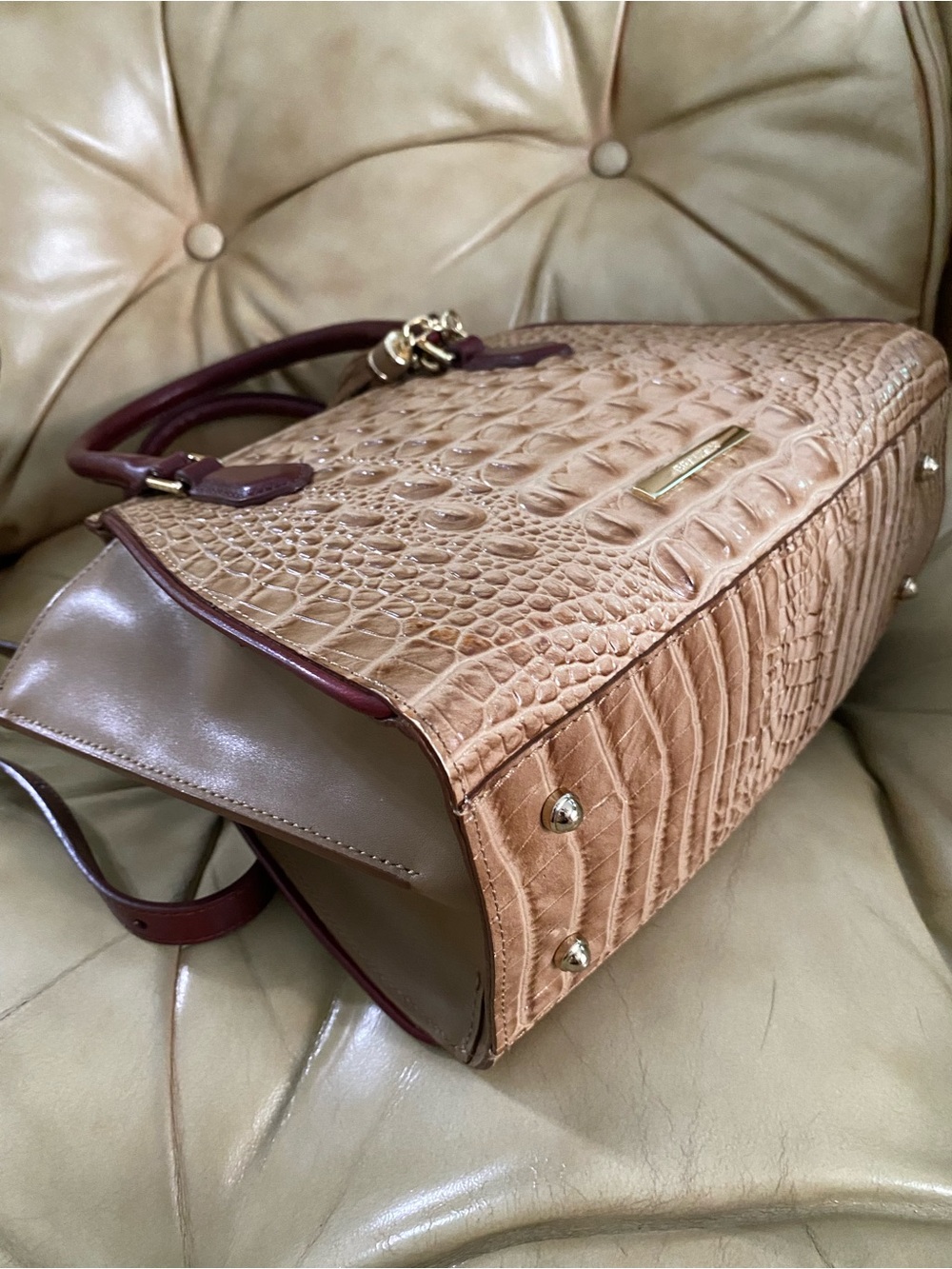 LKNW Brahmin Mini Priscilla Satchel Crossbody Tassel Charm Melbourne Wine/Beige - Picture 9 of 16